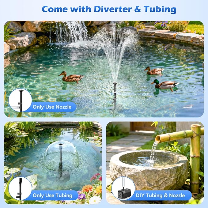Antfraer 25W Solar Fountain Pump, 320 GPH Solar Pond Pump with 4 Nozzles, Adjustable Flow & 6.6ft Tubing, Solar Water Fountain Pump for Garden, Fish Tank, Backyard