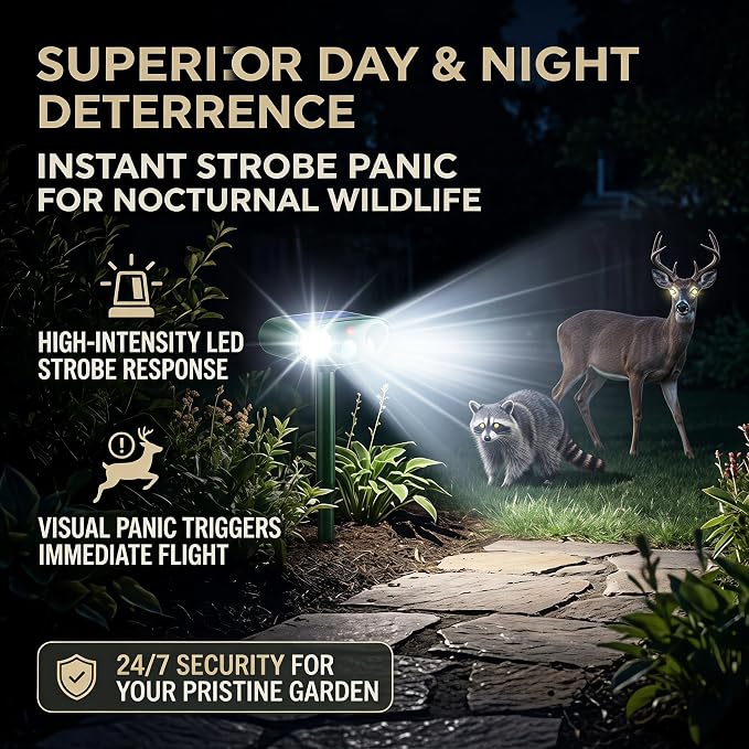 2Pack Upgraded Ultrasonic Deer Repellent for Plants Solar Animal Repellent Outdoor with Motion Sensor Strobe Light for Rabbit Cat Deterrent Raccoon Squirrel Fortress Pro Keep Pests Out of Yard Farm