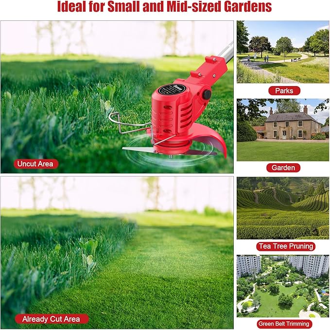 21V Weed Wacker Cordless String Trimmer with 2 Batteries 2.0Ah, 2 Types Metal Blades Powered Grass Trimmer, Pruning Shears, Adjustable Pole Weed Trimmer for Garden and Yard Lawn, Red