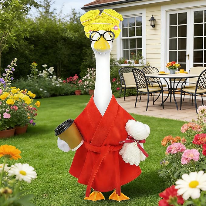 Lady Porch Goose Outfits,Bathrobe Porch Goose Statue Costume with Curlers Reading Glasses Coffee Cup Towel,Cute Goose Clothes for 23-Inch Cement Statue,Lawn Yard Garden Patio Decor（Red）