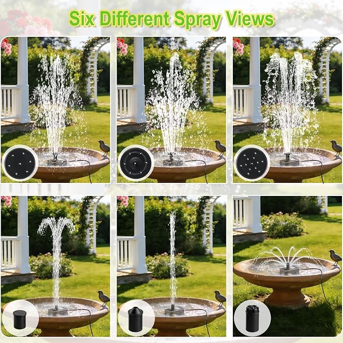 Yeomi 12W Solar Fountain Pump, Solar Powered Water Pump 132 GPH with 6 Spray Nozzles & 10ft Cord, Solar Bird Bath Fountain for Outdoor Garden Pond Pool Patio Water Features