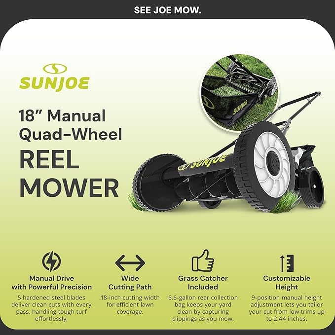 Sun Joe MJ501M w/ 7-Gallon Detachable Grass Catcher, 9-Position Height Adjustment, 5 Steel Blades, Compact Design, 18-Inch Manual, Green/Black