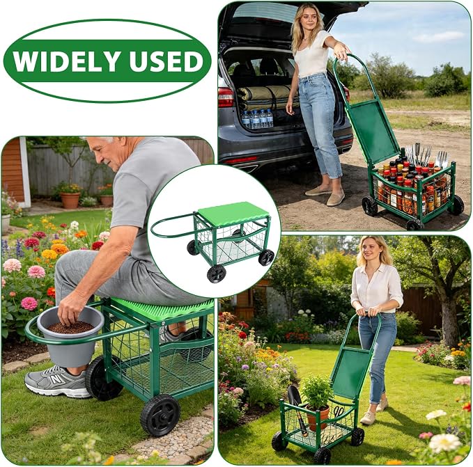 Garden Work Chair with Wheels, Heavy-Duty Gardening Cart with Seat - Garden Stool with Wheels for Lawns, Patios and Backyard Gardening, Hold Max. 350lbs