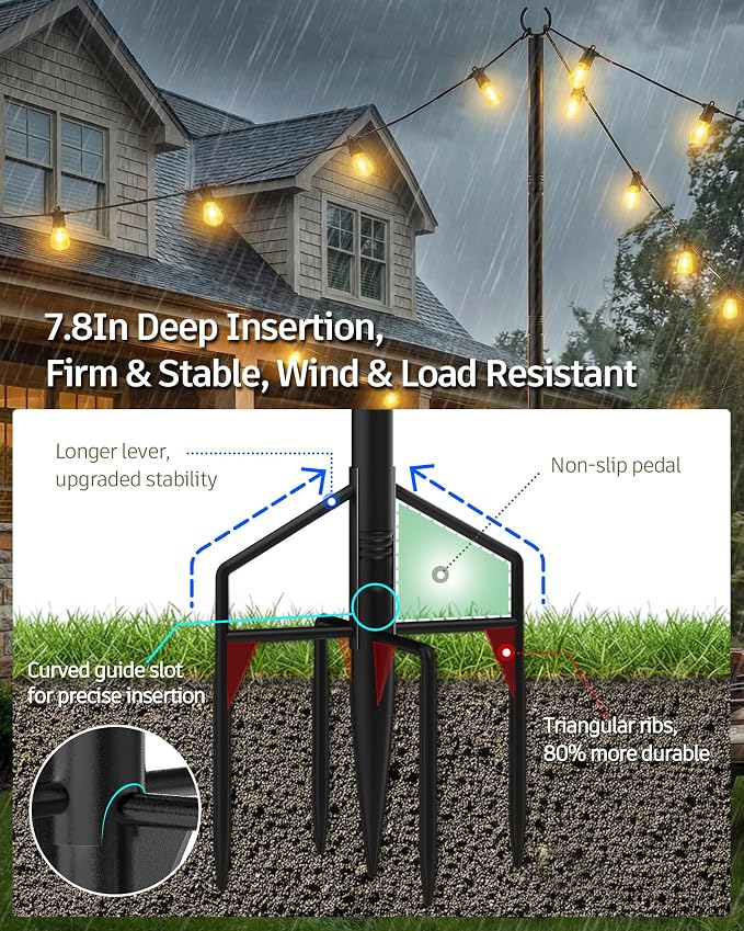 LAND·VOI String Light Poles 4 Pack, Heavy Duty Outdoor Light Poles with Upgraded 5‑Prong Base, Anti‑Bending Stable Design for Backyard Patio Garden Wedding Party Decoration