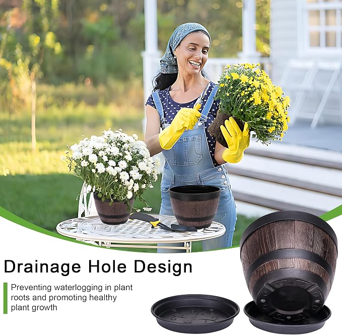 VECELO Plant Pots with Drainage Holes & Saucer, 11.3 Inch Flower Pots with Tray, 4 Pack Plastic Whiskey Barrel Planters for Indoor & Outdoor Garden Home Plants and Flowers