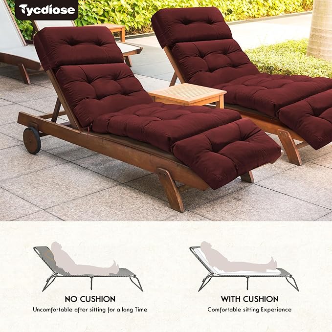 Outdoor Chaise Lounge Chair Cushion Replacement 74.4 x 22 x 4.7 Inches Memory Foam Waterproof Lounge Chair Cushions for Outdoor Furniture with Ties, Thickened Pool Lounge Chair Cushions, Red