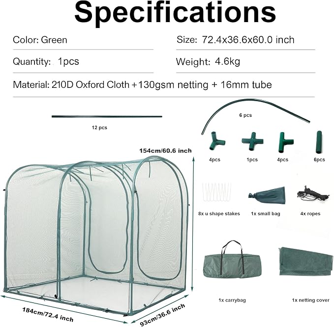 Poray Large Tunnel 73''x37''x61''Plant Netting Cover,5FT Tall Crop Cage Tomato Netting,Pest Guard Cover for Vegetables &Fruits,Durable Gardening Net for Plant and Animal