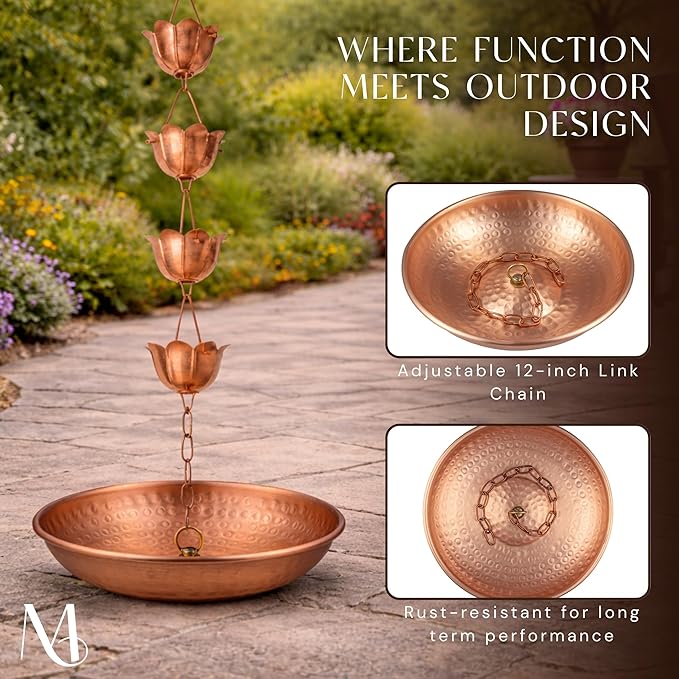 Monarch Rain Chains Rain Chain Basin – 11 Inch Hand Hammered Anchor Bowl for Gutters, Pure Copper Decorative Anchoring Basin for Outside, Garden, Lawn & Patio Water Feature, Downspout Catcher Basins