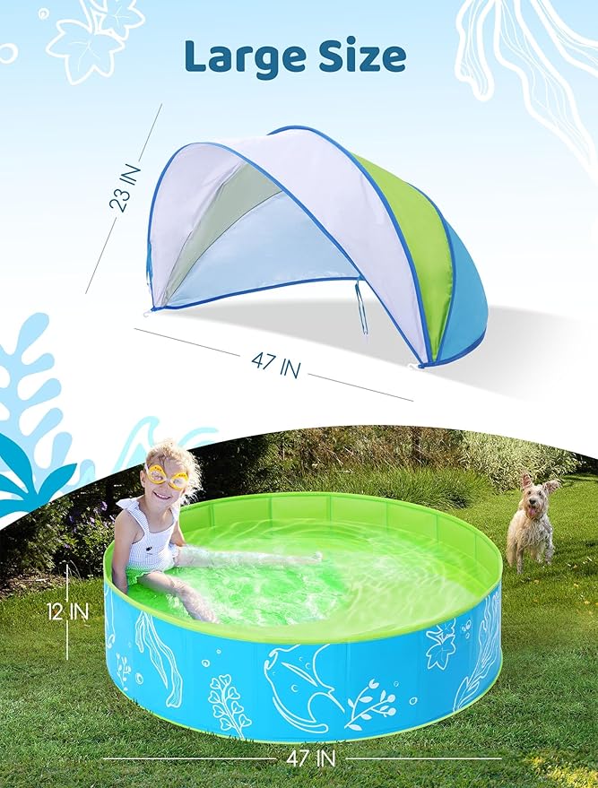 Hikiddy Foldable Kiddie Pool with Canopy: 31.5in/ 47in /63in for Baby Toddler Kids Family - Summer Water Play Pool with Shade - Portable for Outdoor Backyard Beach (Blue-Green, 47in)