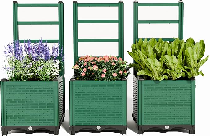 Outdoor Raised Garden Bed - Stackable Vertical Planter with Trellis for Vegetables & Flowers | Durable Resin, Tool-Free Assembly | Perfect for Balcony, Patio, Deck (47.24" H)