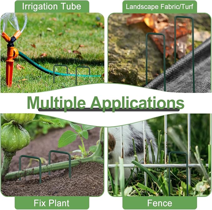 Landscape Staples 6Inch 180pcs Garden Stakes + 180pcs Gasket, Lawn Pins with Spray Coating Craft,11Gauge Anti-Rust Ground Yard Spikes Anchoring for Outdoor Tents Irrigation Hoses (Green)