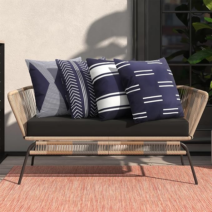 Adabana Outdoor Waterproof Pillow Covers 18x18 Inch Set of 4 Navy Blue Modern Geometric Throw Pillows Cover Decorative Boho Pillow Covers for Patio Garden Porch