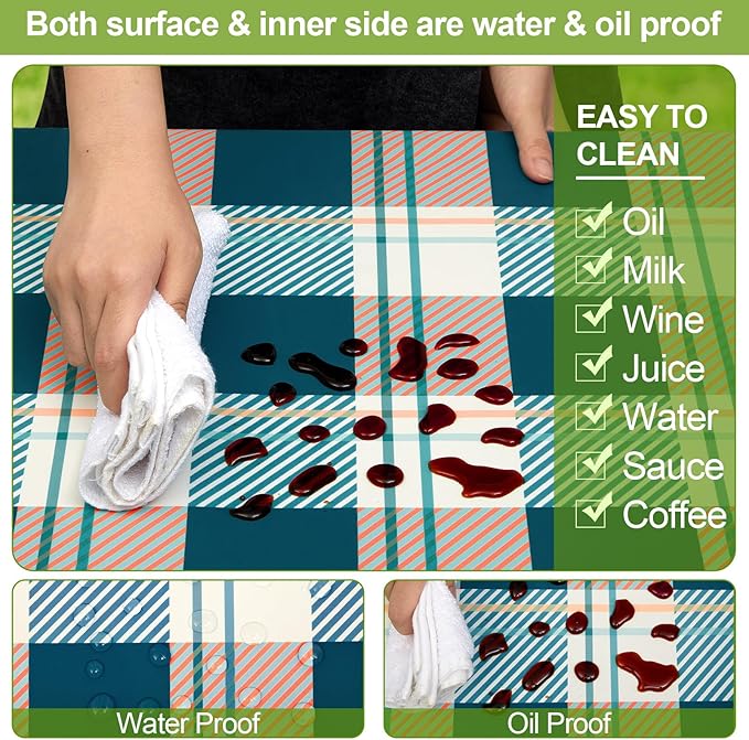 Play Tailor Picnic Table Cover with Bench Covers Camping Essentials Waterproof Windproof Camping Tablecloth with Drawstring Bag, Fitted Rectangle Tables and Seats, 72in, Green Checkered