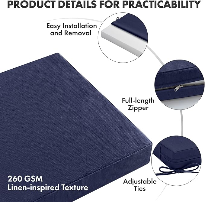 MIULEE Navy Outdoor Dining Cushion 20x20 Inch Waterproof & 3 Year Color Fastness Deep Seat and Back Cushion for Patio Furniture Chair with Ties
