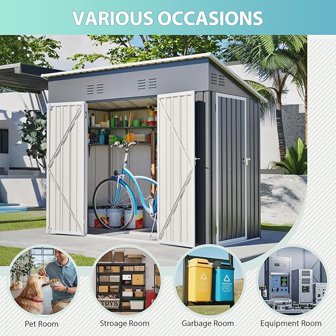 KEIKI Storage Shed 8x4 FT, Small Metal Tool Shed for Outdoor Storage, Galvanized Steel Garden Shed with Lockable Doors for Patio, Backyard, Lawn, Grey