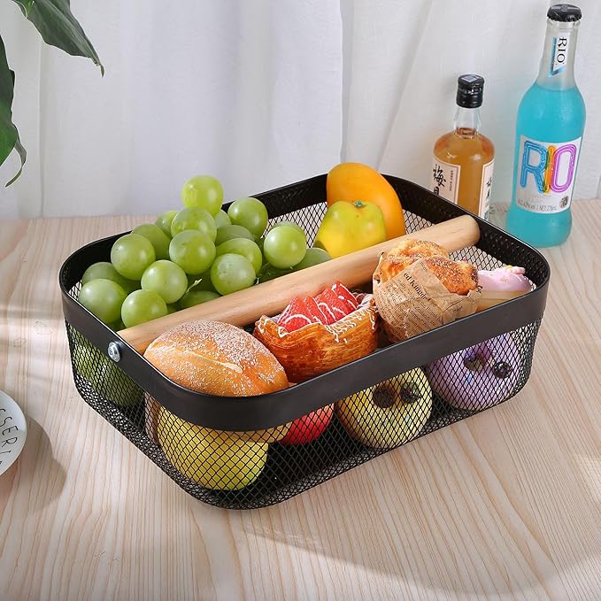 AJIODA Metal Mesh Steel Storage Basket, Garden Harvest Wire Organizer Basket Multi-functional Kitchen Fruit Basket with Wooden Removable Partition & Handle for Bathroom Picnic Decor Cabinet, Black