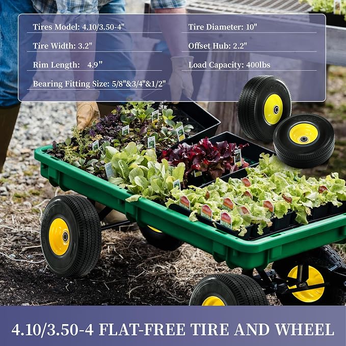 4.10/3.50-4 Tire and Wheel Flat Free, with 5/8” Axle Bore Hole, Extra 3/4”&1/2” Bearings, 2.2” Offset Hub,10” Solid Polyurethane Tires for Hand Trucks, Dollies, Garden Trailer (2Pack)