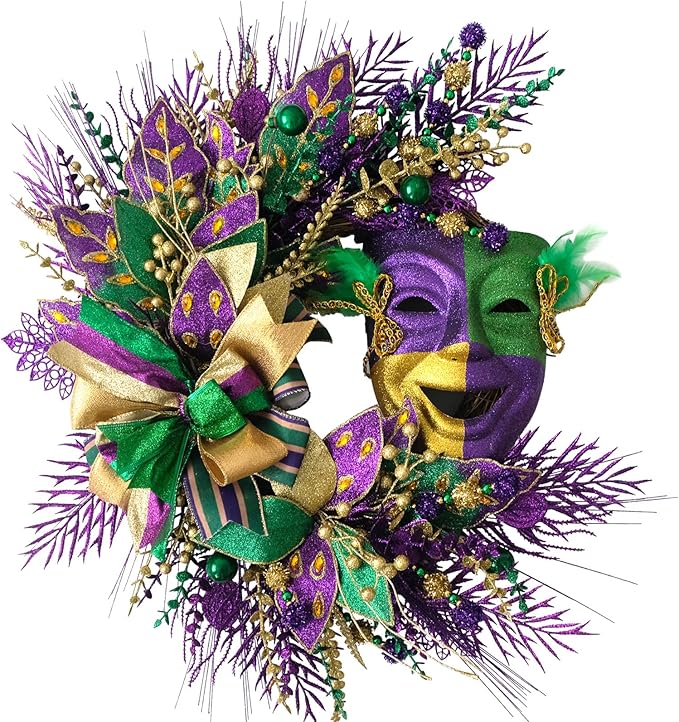 24 Inch Mardi Gras Glitter Wreath for Front Door, Carnival Glitter Purple Gold Green Color Wreath for Indoor Outdoor, Venetian Mask Wreaths for Home Party