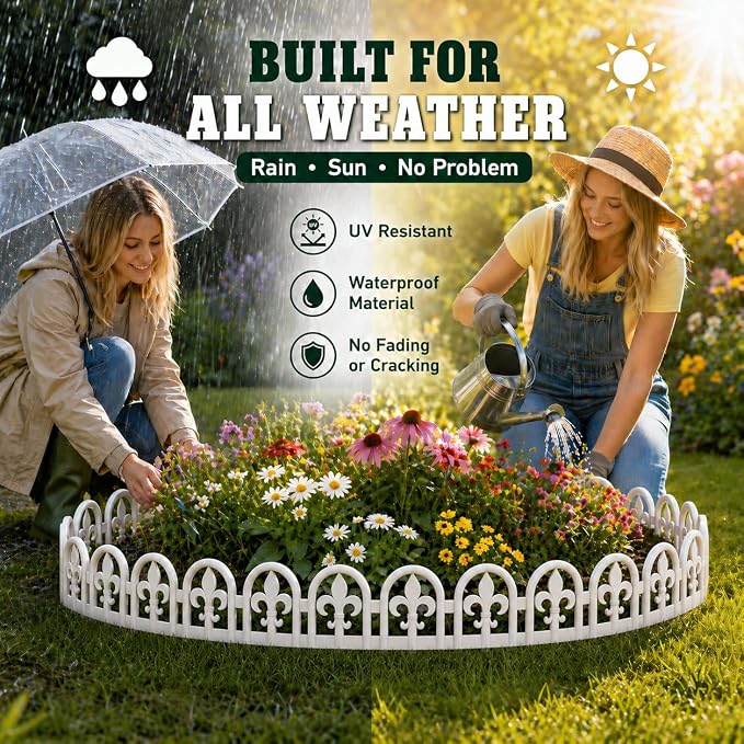 Evelyne White Garden Border Plastic Edging – PP Plastic, Short Metal-Free Wrought Iron Look Design, 27pcs Yard Landscaping Fence Liner Lawn Edge Barrier, 35ft Kit of Decorative Lawn Landscape Panels