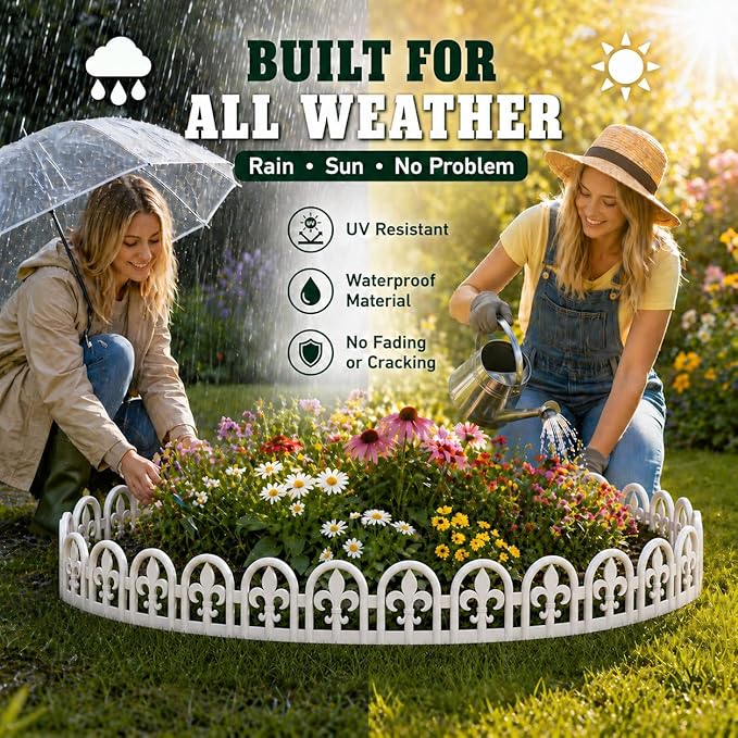 Evelyne White Garden Border Plastic Edging – PP Plastic, Short Metal-Free Wrought Iron Look Design, 15pcs Yard Landscaping Fence Liner Lawn Edge Barrier, 20ft Kit of Decorative Lawn Landscape Panels