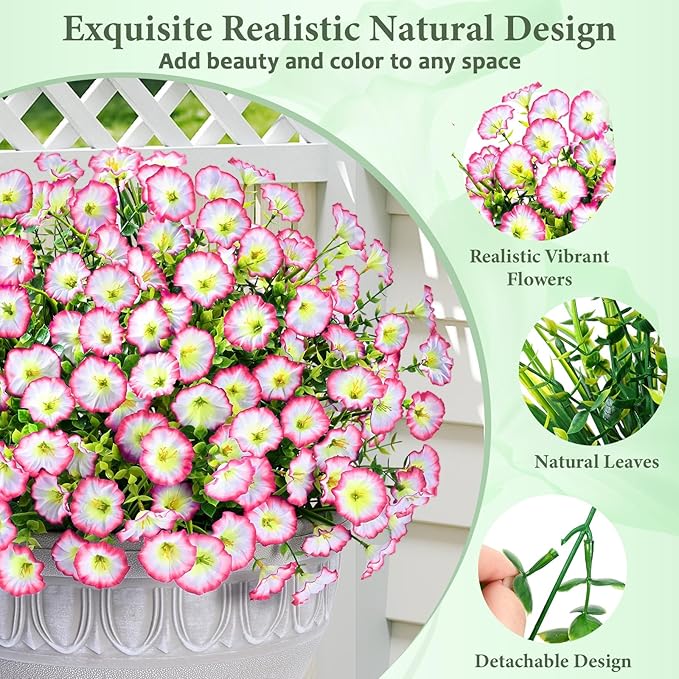 Yastouay Artificial Flowers for Outdoors, 26 Bundles Fake Outdoor Flowers, UV Resistant Artificial Plants & Flowers for Decoration, Pink Realistic Morning Glory for Outdoor Porch Garden Decoration