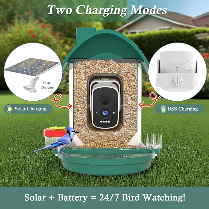 Bird Feeder with Camera, 3K Smart Bird Camera with AI Identification & Bird Bath, Solar Powered Wireless Outdoor Bird House with Spill-Proof Net, Ideal Backyard Bird Watching Gift to Bird Lovers