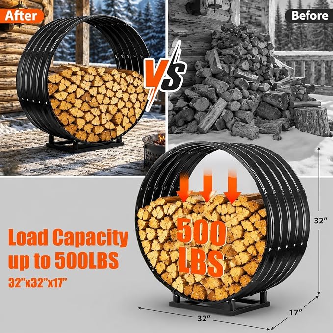 32" Firewood Rack with Roof Cover, Indoor & Outdoor Log Holder Keeps Firewood Dry, Clean & Organized for Fireplace, Patio & Backyard, Heavy-Duty Steel Wood Storage Rack, 500LBS Capacity