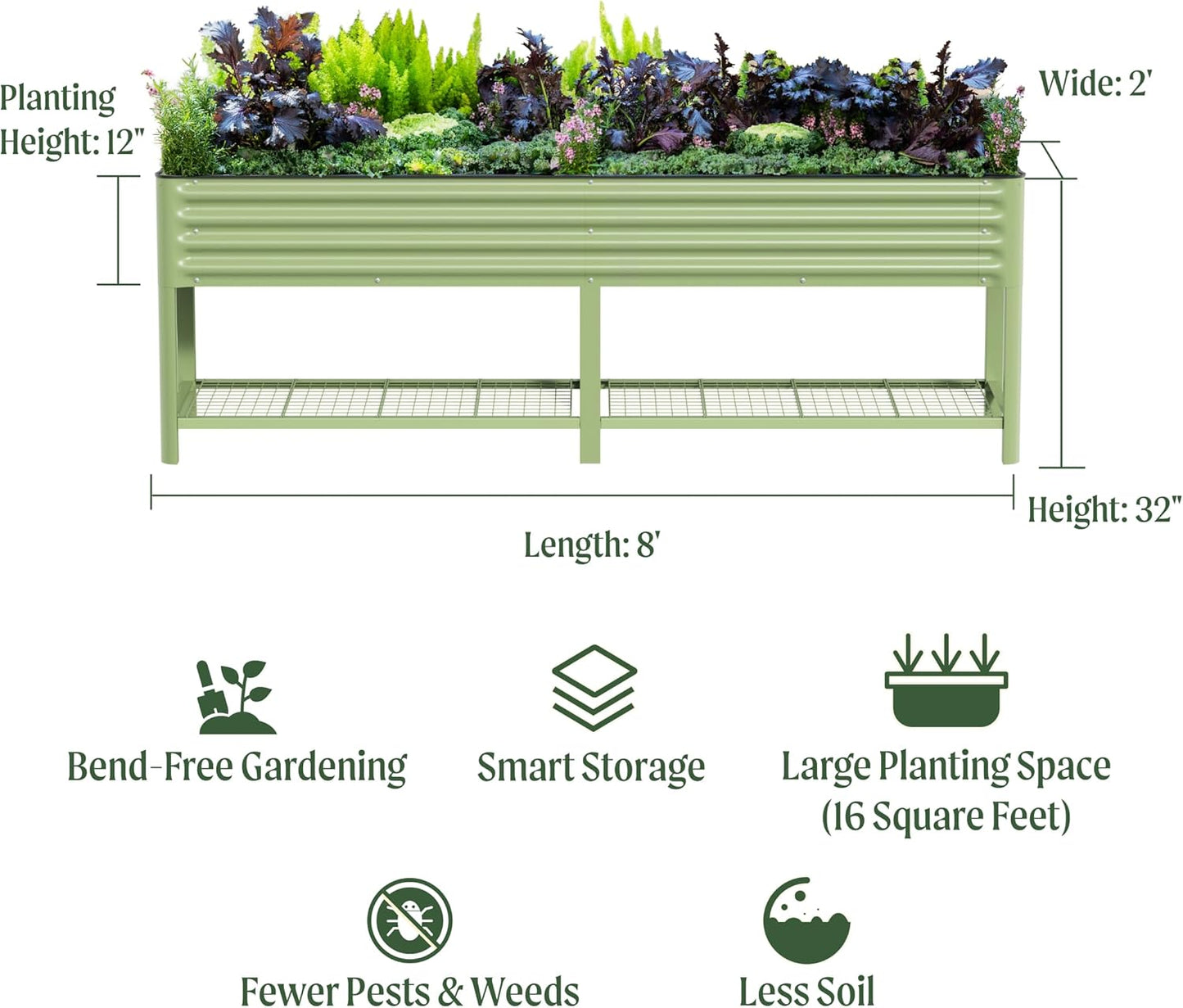 Elevated Raised Garden Bed-V Series, 2' x 8' Garden Beds with Legs & Storage Rack for Patio Porch, 1400 Lbs Weight Capacity, Outdoor Planter Boxes for Gardening Herbs Vegetables Flowers, Modern Gray