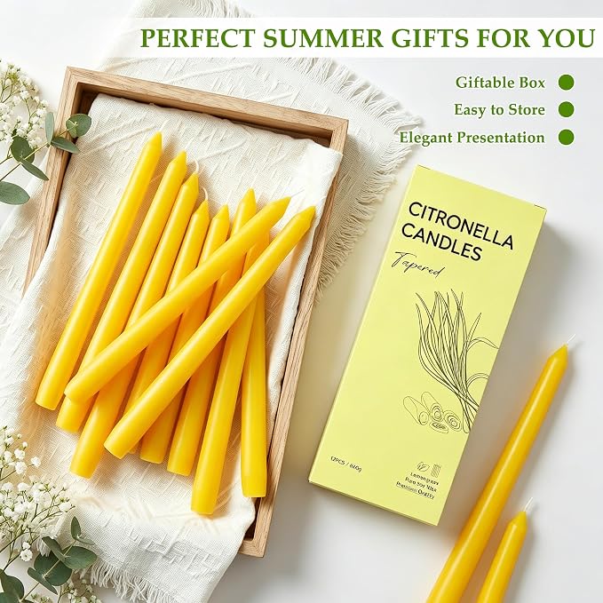 Citronella Taper Candles, 12-Pack 10-Inch Long Candle Sticks, Bulk Dripless Smokeless Tapered Citronella Candles for Dinner, Party, Home Decoration, Holiday, Wedding, Long Slow Burning Taper Candles