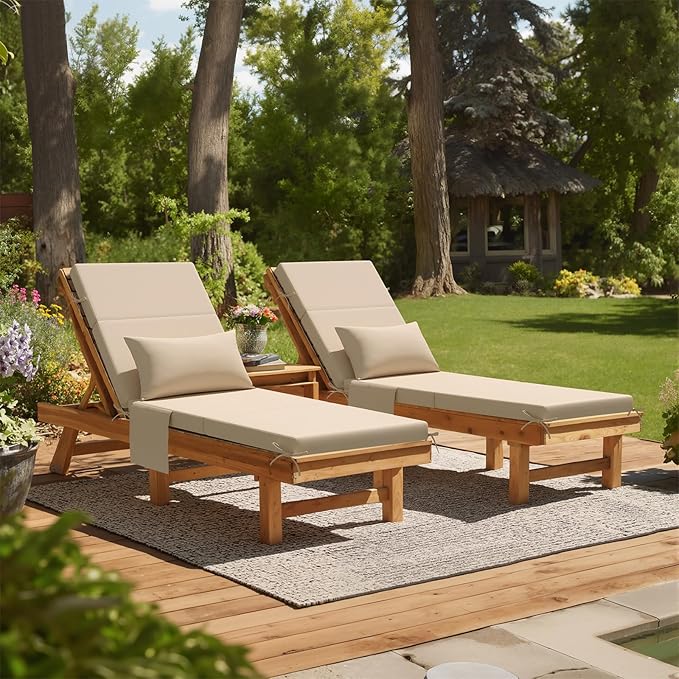Crestlive Products Foldable Outdoor Chaise Lounge Cushions with Head Pillow and Side Pockets,Water Repellent & Fade Resistant Lounge Chair Cushion, 72" L x 21" W, Beige
