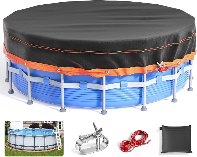 Round Pool Cover - Solar Covers for Above Ground Pools, Oxford Fabric Pool Covers for Above Ground Pools with Winch and Cable, Waterproof and Dustproof Swimming Pool Cover (Round Pool Cover, 15FT)