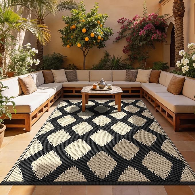 COOLTOP 9'x12’ Outdoor Rug for Patios Porches, Waterproof Plastic Camping Rugs, Modern Reversible Mat, Large Area Rugs for Backyard, Deck, RV, Balcony, Picnic, Beach, Black & Beige