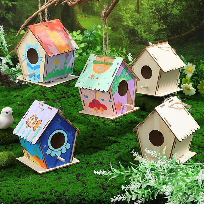 DoubleFill 100 Pack 4.3" Wooden Bird Houses Bulk for Kids with Front Perch Peg, DIY Kid Art Craft Outdoor Birdhouse Kit Unfinished Hanging Birdhouse Class Activity for Girls Boys to Build and Paint