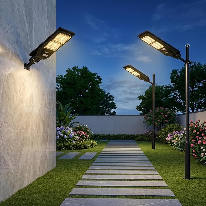 LANGY 3000k Warm White Solar Street Lights Outdoor,Commercial Parking Lot Lights Yellow 180 LEDs Chips Light with Motion Sensor & Dusk to Dawn IP67 with Remote Control for Barn, Yard, Pathway