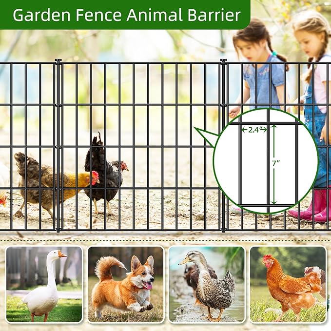 FOREHOGAR Metal Garden Fence 28in (H) x 23.3ft (L), 10 Panels + 11 Stakes Dog Fence Border Fence Animal Barrier, No Dig Garden Fencing for Yard Flower Bed Lawn Patio Outdoor, PIN282810 Black