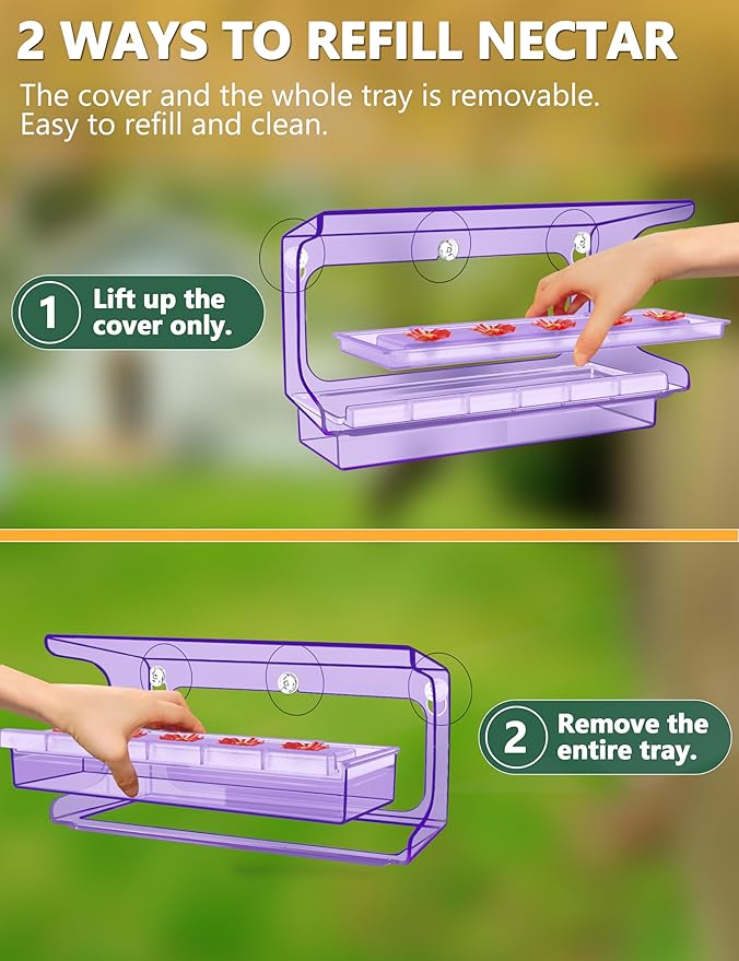 LUJII All One Piece Window Hummingbird Feeder with 5 Strongest Suction Cups, 20 fl.oz Hummer Feeder for Outside, Removable Lift-up Nectar Tray with 5 Feeding Ports, Gift for Bird Watcher (Purple)