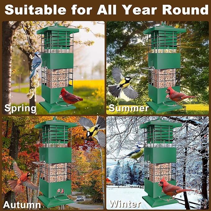 Squirrel Proof Bird Feeder, 3LBS Metal Hanging Bird Feeders for Outdoors, Weight-Activated Perches Wild Birdfeeder for Blue Jay, Cardinal (Green)