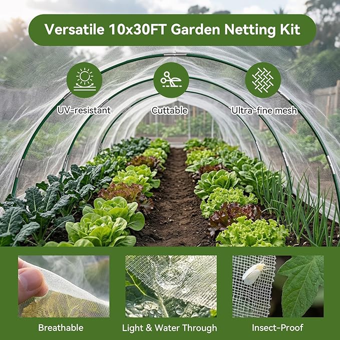 Garden Netting Kit for Raised Beds, 10x30FT Ultra Fine Mesh Netting＆ 6 Sets of 8FT Fiberglass Garden Hoops, Row Cover Insect Netting for Vegetable Plant Fruit Flowers Protection