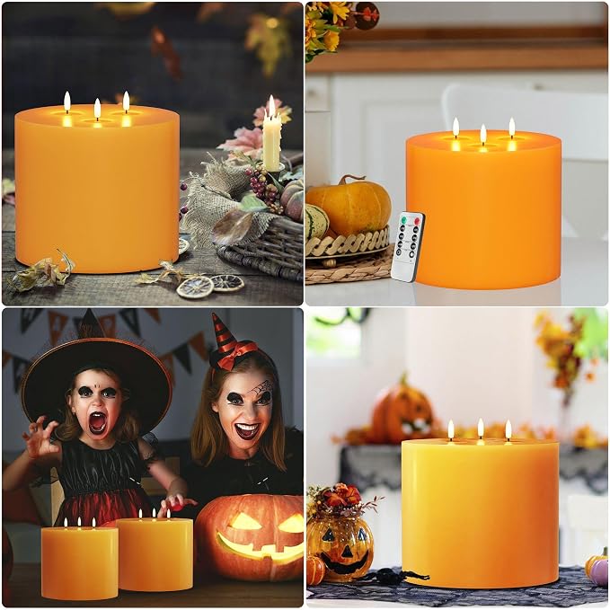 Orange Extra Large Flameless Candle 6"x6" 3 Wick Battery Operated Real Wax Pillar with Remote & Timer Flickering Flame LED Candle Orange for Halloween, Christmas Home Decor