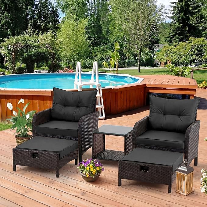 DoubleFill 2 Pcs Outdoor Ottoman Cushion 23"x19"x3" Waterproof Fade Resistant Outdoor Footstools Cushion Removable Patio Ottoman Cushions with Adjustable Fixing Strap for Stool (Black)