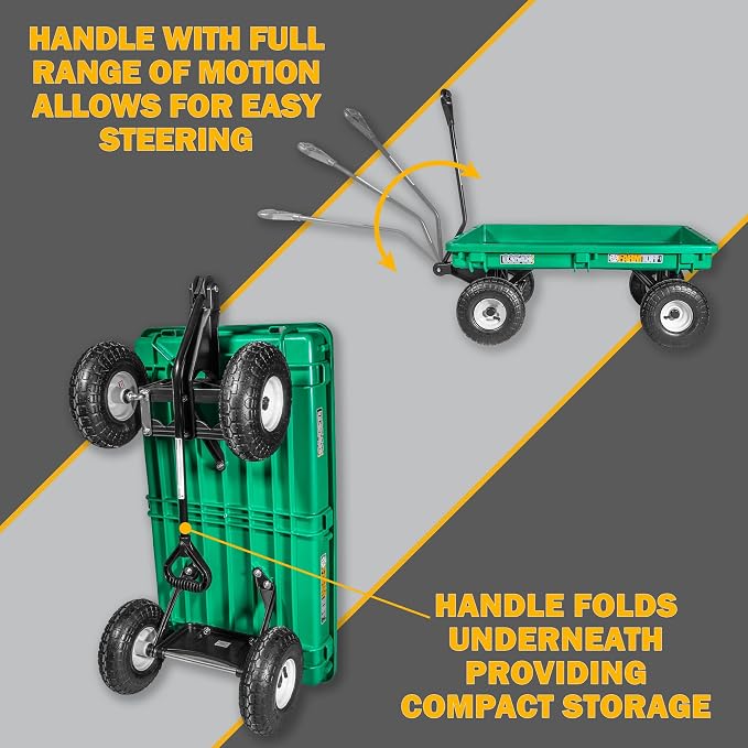 FARM-TUFF Durable Plastic Deck Green Garden Wagon, 38" x 20" - Heavy-Duty Poly Utility Cart with Pneumatic Tires, 300lb Capacity & D-Handle Steering for Gardening, Yard Work & Landscaping