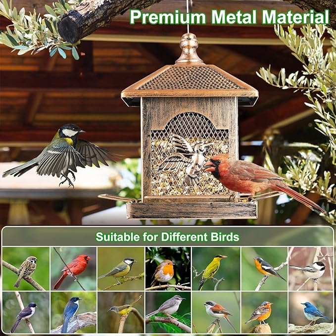LBTING Bird Feeder for Outside, Metal Square Lantern-Shaped Bird Feeder with Polka Dot Patterned Roof, Wild Bird Feeders for Hanging Outdoor Garden Yard