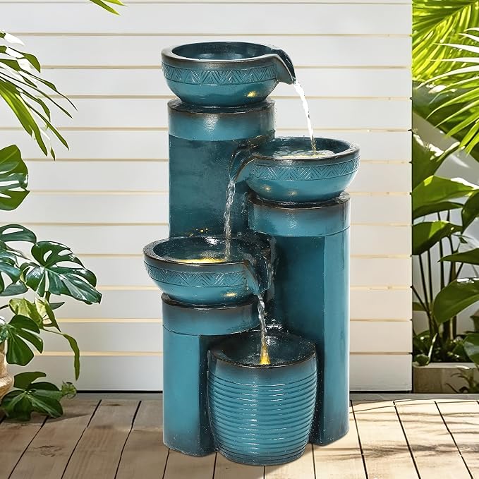AUTODAYA 19.3" Outdoor Water Fountain with LED Lights, 4-Tier Cascading Water Feature with Pump, Turquoise Faux Ceramic Pedestal Waterfall for Garden, Patio, Yard or Porch