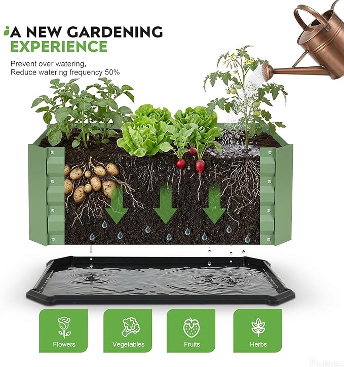 Galvanized Raised Garden Bed with Bottom, Indoor Metal Raised Garden Beds, Easy Assembly No leaks & Rust-Proof Flower Bed, Outdoor Planter Box for Vegetables, Herbs, Patio, Garden, Balcony, Green