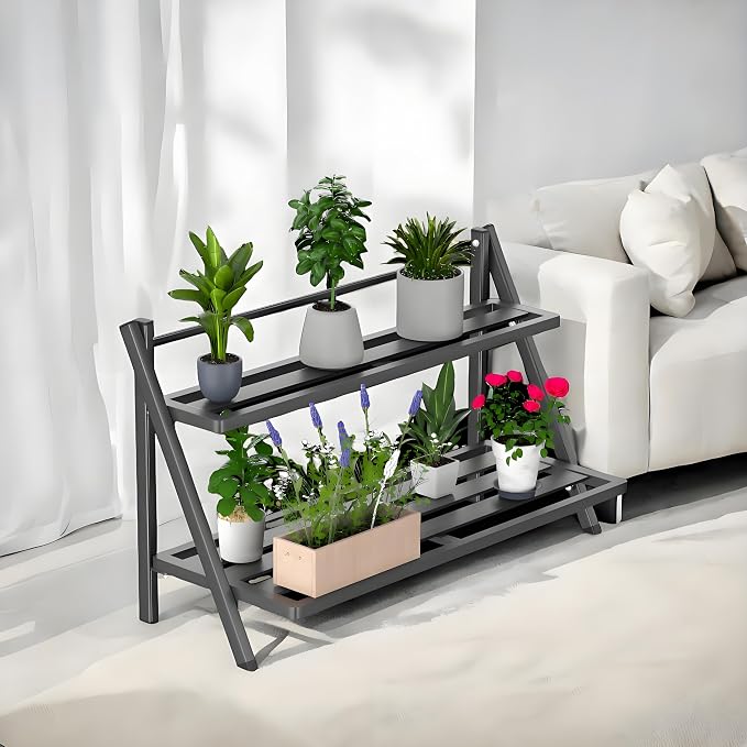 Deluxe 2-Tier Aluminum Plant Stand Indoor/Outdoor, Weather-Resistant Flower Pot Rack, Stylish & Lightweight Plant Stands for Garden, Balcony & Living Room