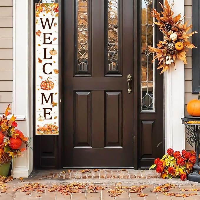 Thanksgiving Porch Sign, Fall Pumpkin Welcome Sign for Front Door, Autumn Truck Decor Yard Sign Thanksgiving Fall Standing Wood Signs Door Signs Indoor Outdoor Vertical Signs for Patio