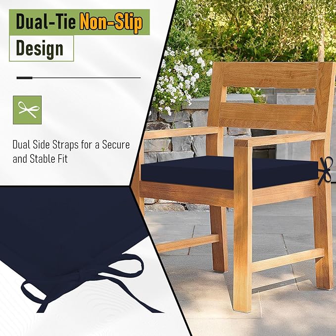 Basic Beyond Outdoor Chair Cushions Set of 2, Square Corner Outdoor Cushions for Patio Furniture, Water Resistant Patio Chair Cushions with 2 Ties, 18.5x16x3, Navy