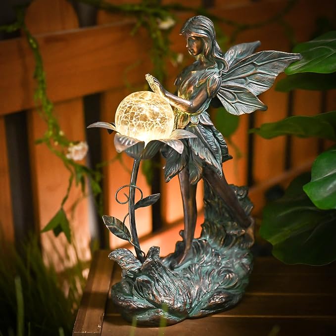 TERESA'S COLLECTIONS Garden Fairy Large Bronze Garden Sculptures & Statues Resin with Solar Outdoor Light, Valentines Decorations Lawn Ornaments for Outdoor Decor, Gifts for Women Mom, 11"