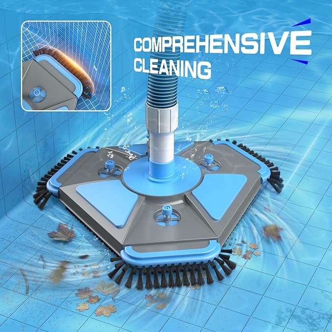 UIRWAY 4-in-1 Deluxe Swimming Pool Cleaning Kit - Includes Upgrade Triangular Pool Vacuum Head, Detachable Brush, Deep Leaf Skimmer Net, Adjustable Aluminum Pole Inground & Above Ground Pools