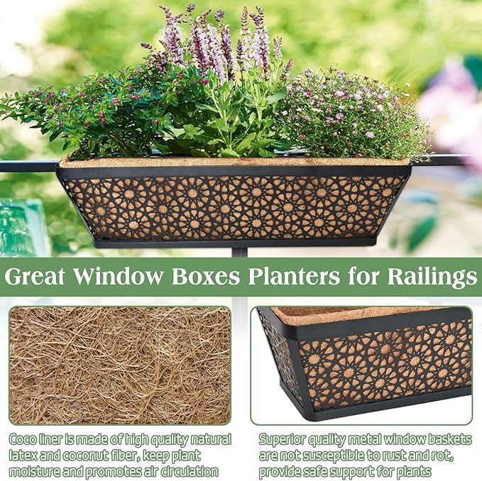 Halatool 4 Pack 30 Inch Window Box with Coco Liner Sturdy Metal Deck Railing Planter with Coconut Coir Basket Liners for Windowsill Fence Porch Balcony and Patio Outdoor Indoor Lawn